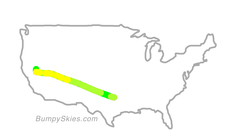 Map of continental US with illustrated flight path and turbulence forecast (described in text below)
