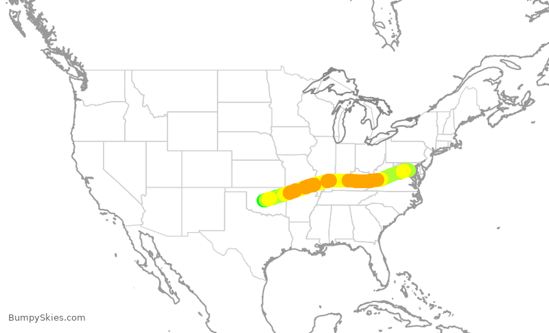 Turbulence forecast map for AAL3250, OKC to DCA
