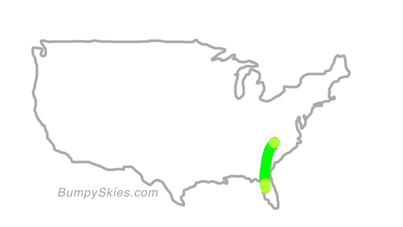 Map of continental US with illustrated flight path and turbulence forecast (described in text below)
