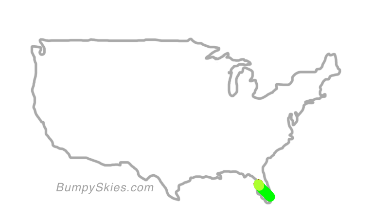 Map of continental US with illustrated flight path and turbulence forecast (described in text below)
