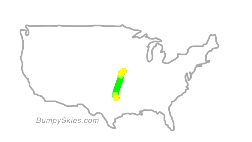 Map of continental US with illustrated flight path and turbulence forecast (described in text below)