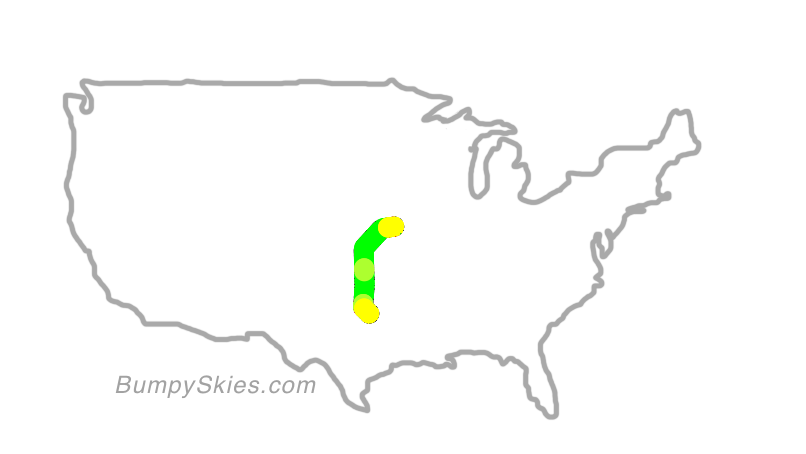 Map of continental US with illustrated flight path and turbulence forecast (described in text below)