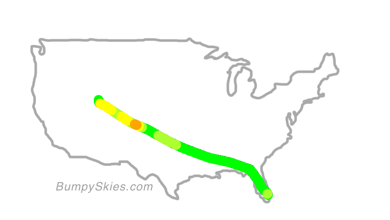 Map of continental US with illustrated flight path and turbulence forecast (described in text below)