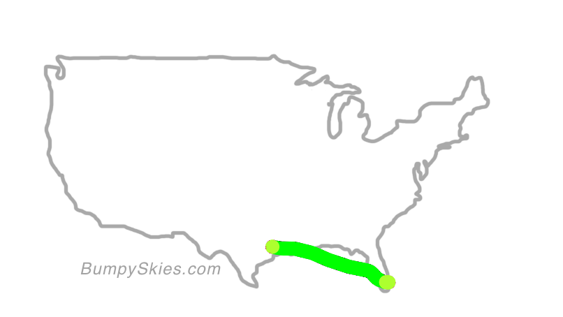 Map of continental US with illustrated flight path and turbulence forecast (described in text below)