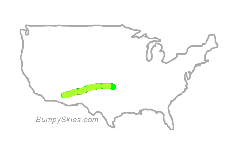 Map of continental US with illustrated flight path and turbulence forecast (described in text below)