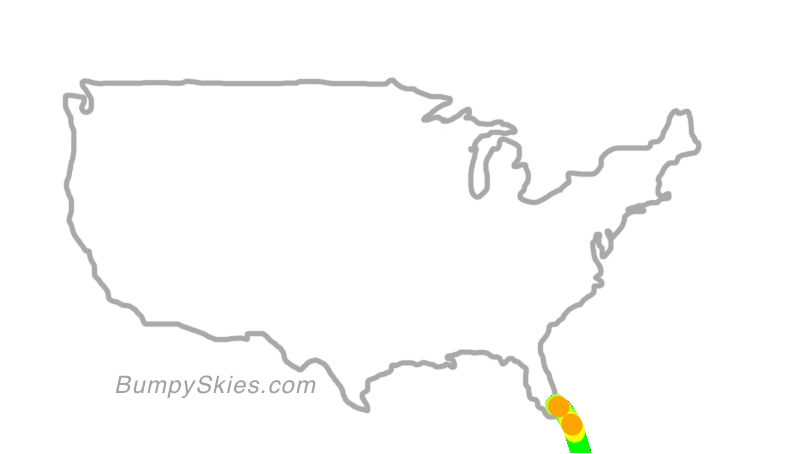 Map of continental US with illustrated flight path and turbulence forecast (described in text below)