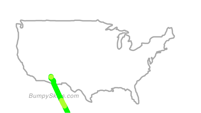 Map of continental US with illustrated flight path and turbulence forecast (described in text below)