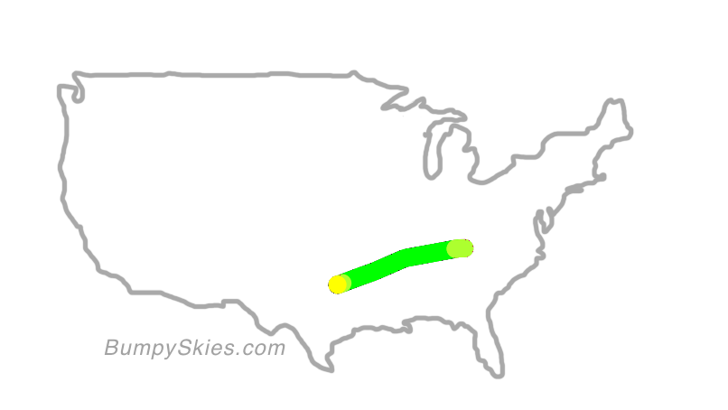 Map of continental US with illustrated flight path and turbulence forecast (described in text below)