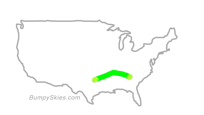Map of continental US with illustrated flight path and turbulence forecast (described in text below)