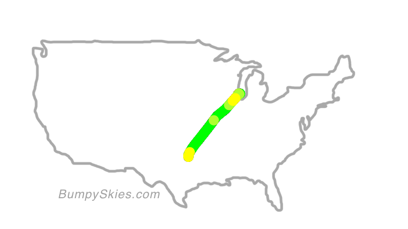 Map of continental US with illustrated flight path and turbulence forecast (described in text below)