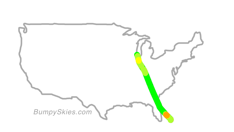 Map of continental US with illustrated flight path and turbulence forecast (described in text below)
