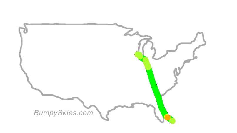 Map of continental US with illustrated flight path and turbulence forecast (described in text below)