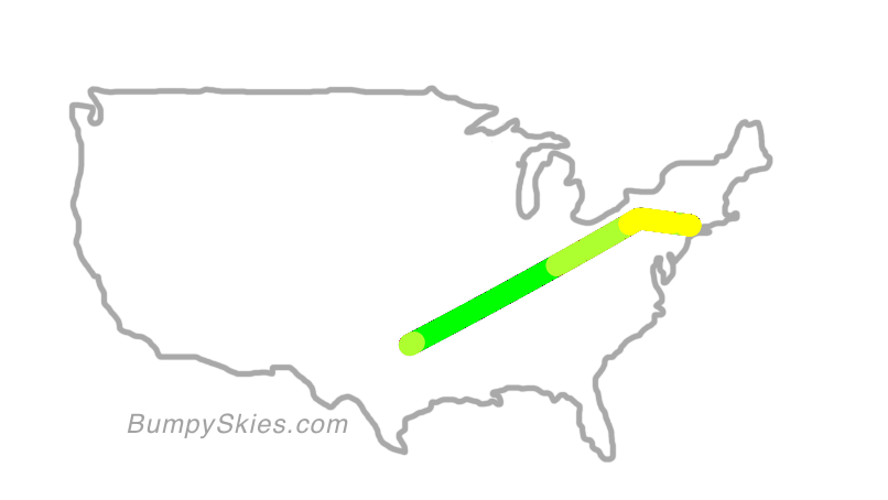 Map of continental US with illustrated flight path and turbulence forecast (described in text below)