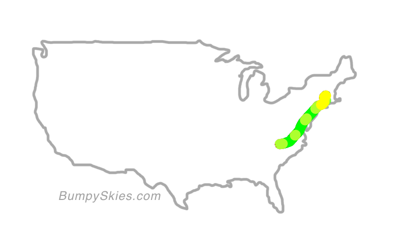 Map of continental US with illustrated flight path and turbulence forecast (described in text below)