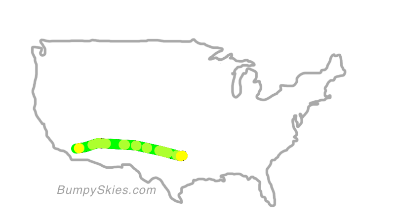 Map of continental US with illustrated flight path and turbulence forecast (described in text below)