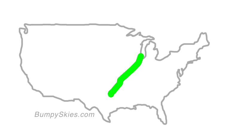 Map of continental US with illustrated flight path and turbulence forecast (described in text below)