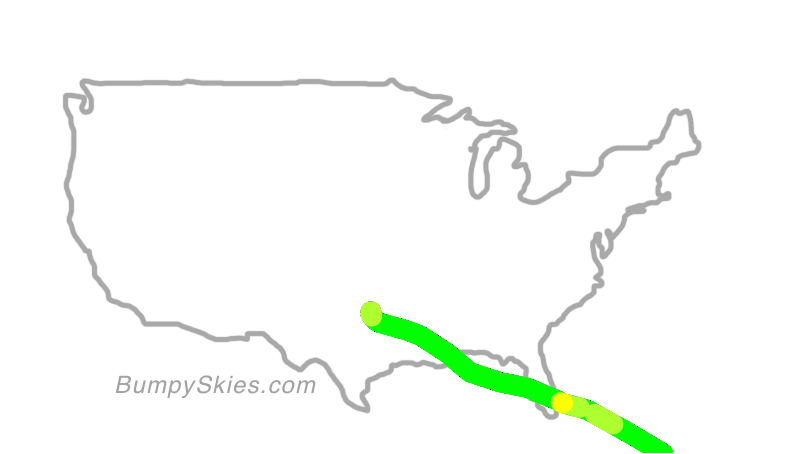 Map of continental US with illustrated flight path and turbulence forecast (described in text below)