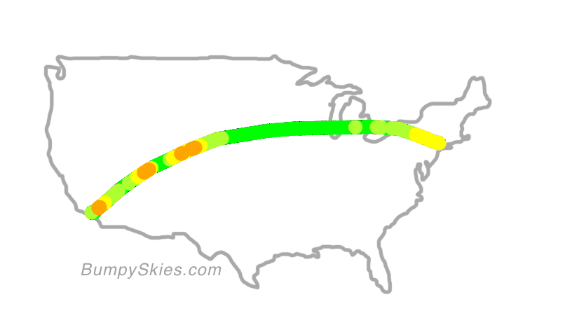 Map of continental US with illustrated flight path and turbulence forecast (described in text below)