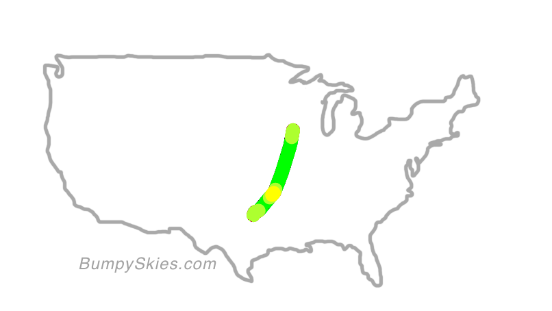 Map of continental US with illustrated flight path and turbulence forecast (described in text below)
