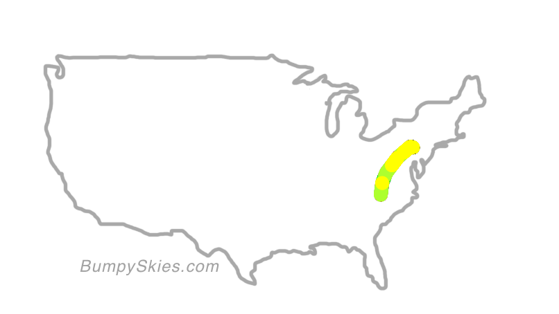 Map of continental US with illustrated flight path and turbulence forecast (described in text below)