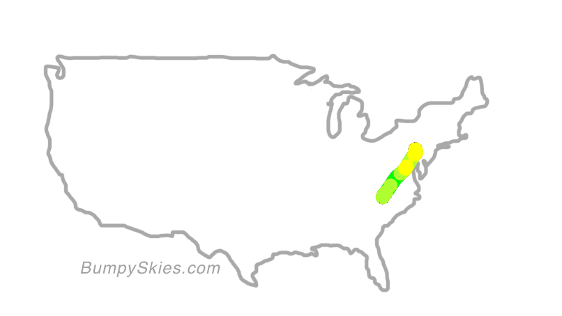 Map of continental US with illustrated flight path and turbulence forecast (described in text below)