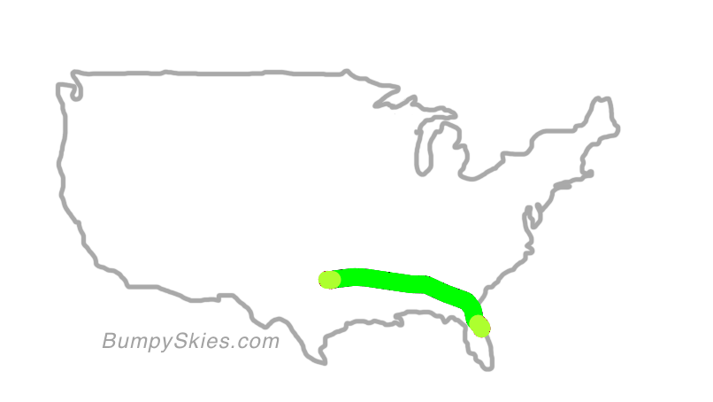 Map of continental US with illustrated flight path and turbulence forecast (described in text below)