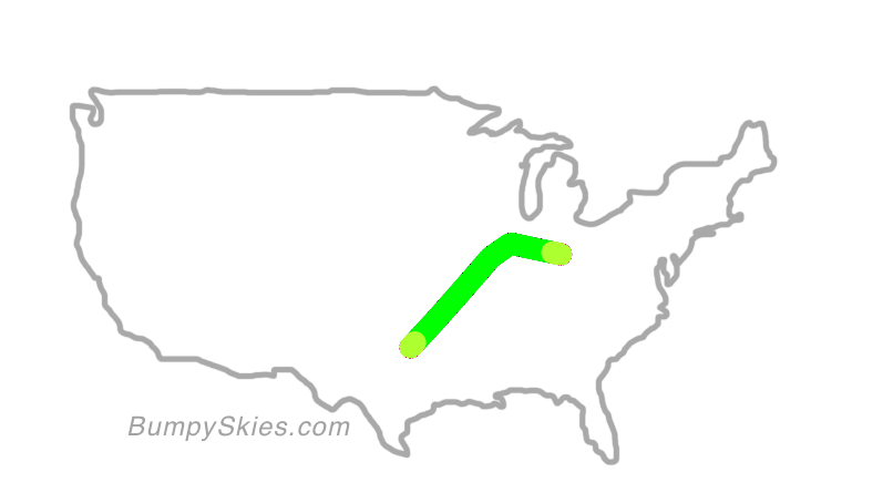 Map of continental US with illustrated flight path and turbulence forecast (described in text below)