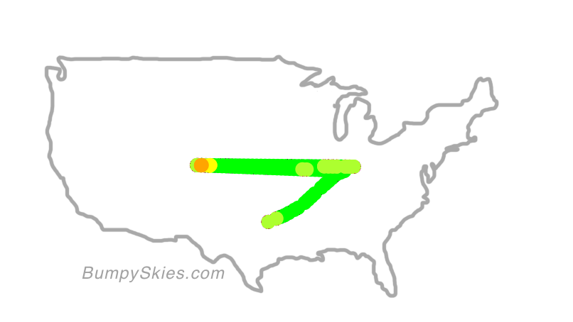 Map of continental US with illustrated flight path and turbulence forecast (described in text below)