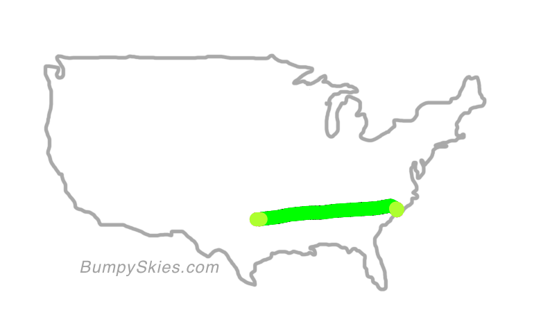 Map of continental US with illustrated flight path and turbulence forecast (described in text below)