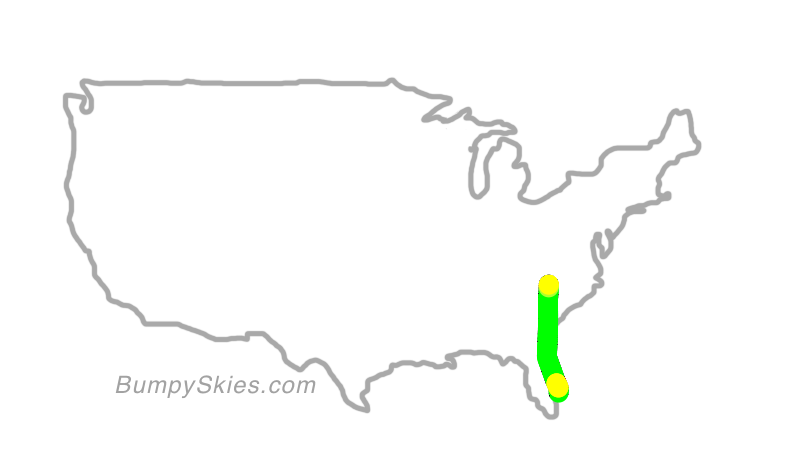 Map of continental US with illustrated flight path and turbulence forecast (described in text below)