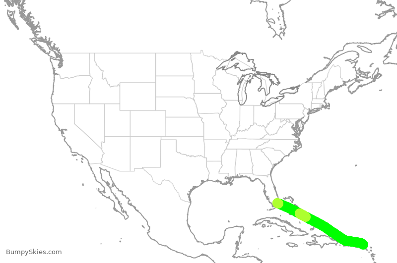 Turbulence forecast map for AAL3316, MIA to NCM