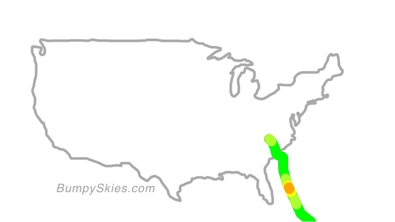 Map of continental US with illustrated flight path and turbulence forecast (described in text below)