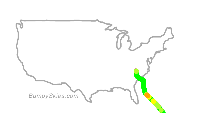 Map of continental US with illustrated flight path and turbulence forecast (described in text below)