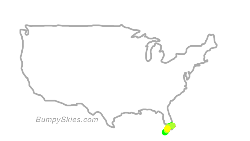 Map of continental US with illustrated flight path and turbulence forecast (described in text below)