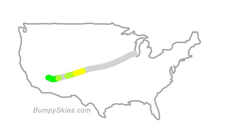 Map of continental US with illustrated flight path and turbulence forecast (described in text below)