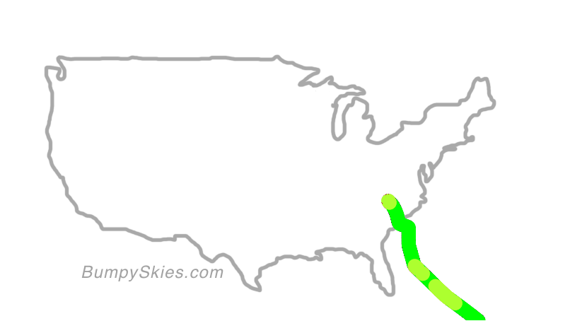 Map of continental US with illustrated flight path and turbulence forecast (described in text below)