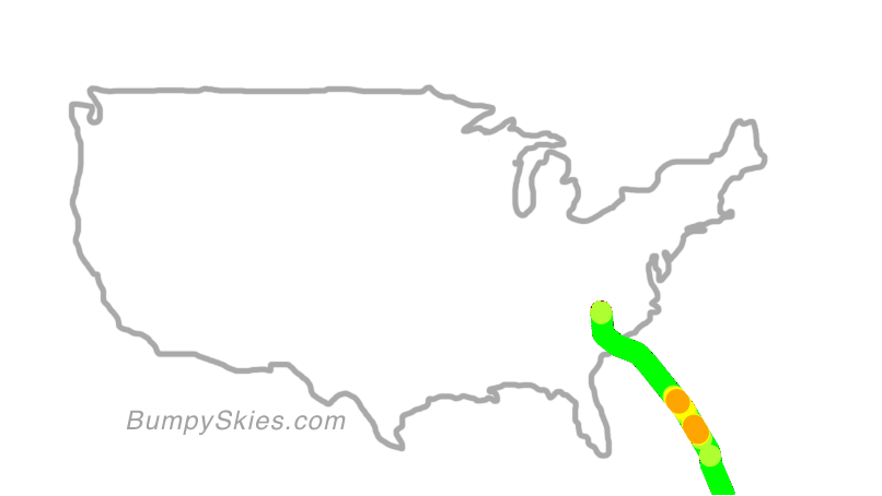 Map of continental US with illustrated flight path and turbulence forecast (described in text below)