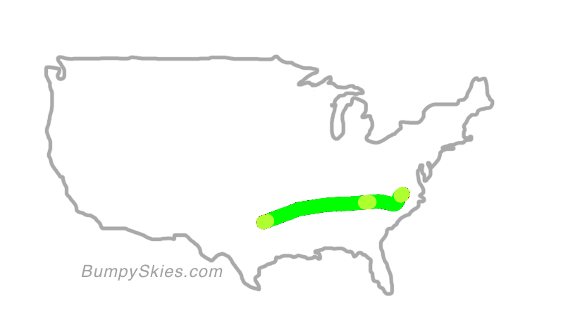 Map of continental US with illustrated flight path and turbulence forecast (described in text below)