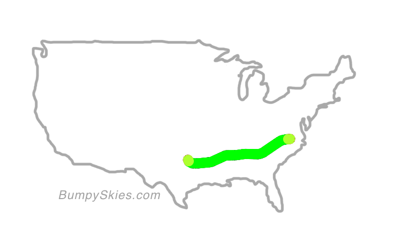Map of continental US with illustrated flight path and turbulence forecast (described in text below)