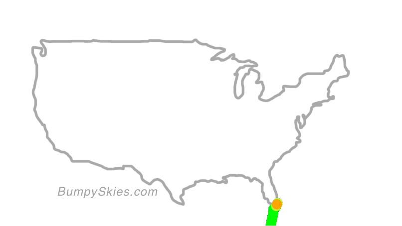 Map of continental US with illustrated flight path and turbulence forecast (described in text below)