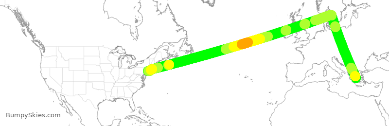 Turbulence forecast map for AAL333, ATH to JFK