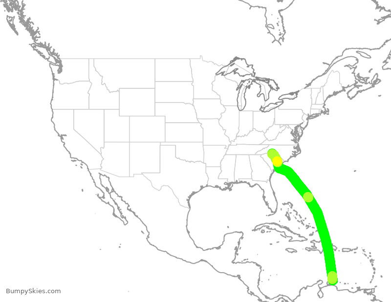 Turbulence forecast map for AAL336, CUR to CLT