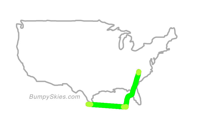 Map of continental US with illustrated flight path and turbulence forecast (described in text below)
