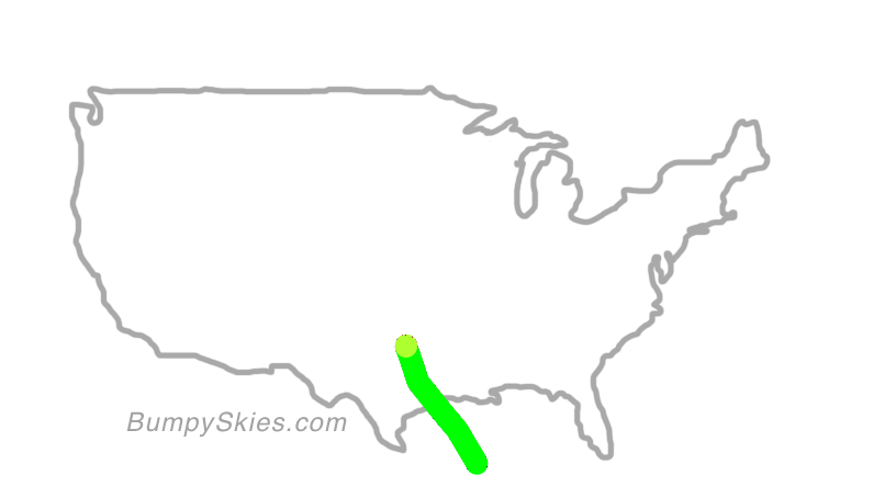 Map of continental US with illustrated flight path and turbulence forecast (described in text below)