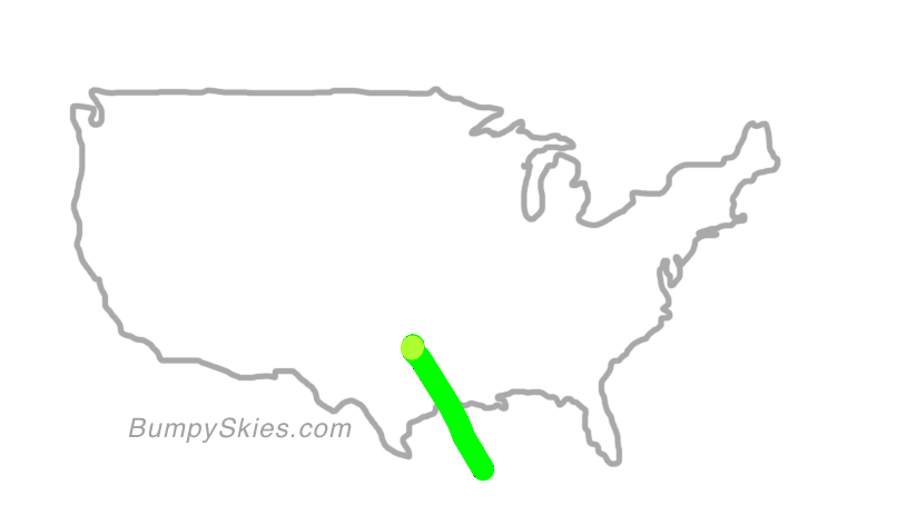 Map of continental US with illustrated flight path and turbulence forecast (described in text below)