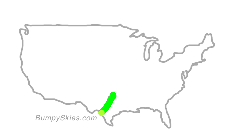 Map of continental US with illustrated flight path and turbulence forecast (described in text below)