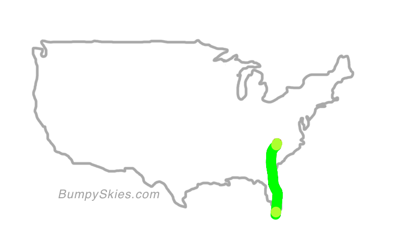 Map of continental US with illustrated flight path and turbulence forecast (described in text below)