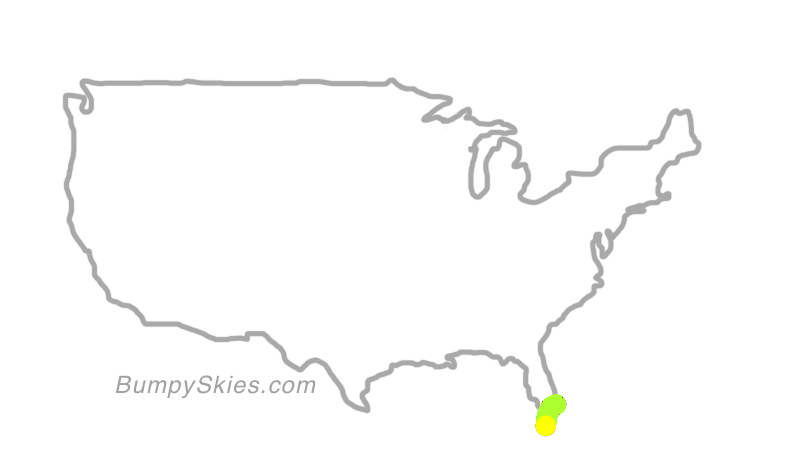 Map of continental US with illustrated flight path and turbulence forecast (described in text below)