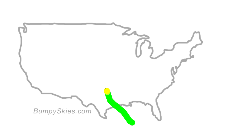 Map of continental US with illustrated flight path and turbulence forecast (described in text below)