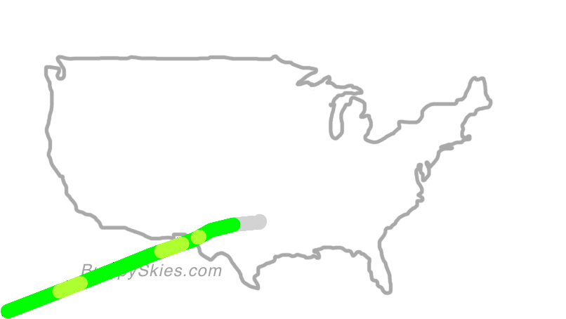 Map of continental US with illustrated flight path and turbulence forecast (described in text below)